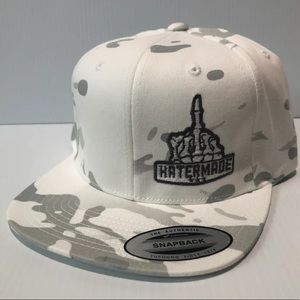White Camo SnapBack Hat with the Middle Finger logo by Hatermade Clothing Co.